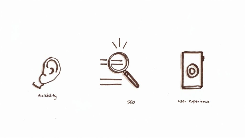 Three hand-drawn icons representing accessibility (ear), SEO (magnifying glass), and user experience (device).
