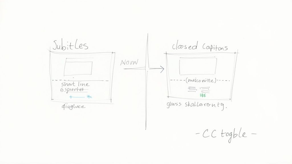 A handwritten diagram comparing subtitles and closed captions, illustrating their features and visual layout.