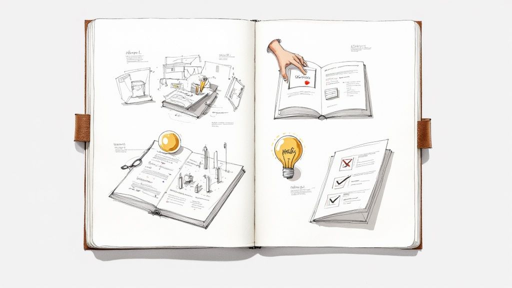 An open notebook with various hand-drawn sketches illustrating concepts, ideas, and knowledge management.