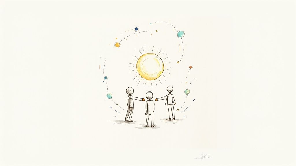 Minimalist illustration of three figures connecting with a central sun, surrounded by orbiting ideas.