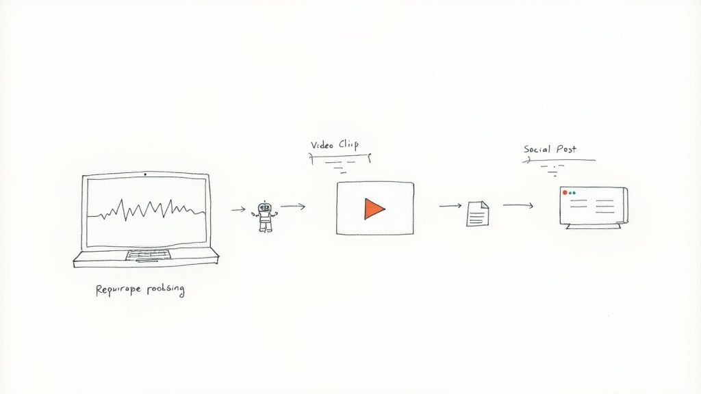 A diagram illustrating content repurposing: audio from a laptop, processed into a video clip and social media post.