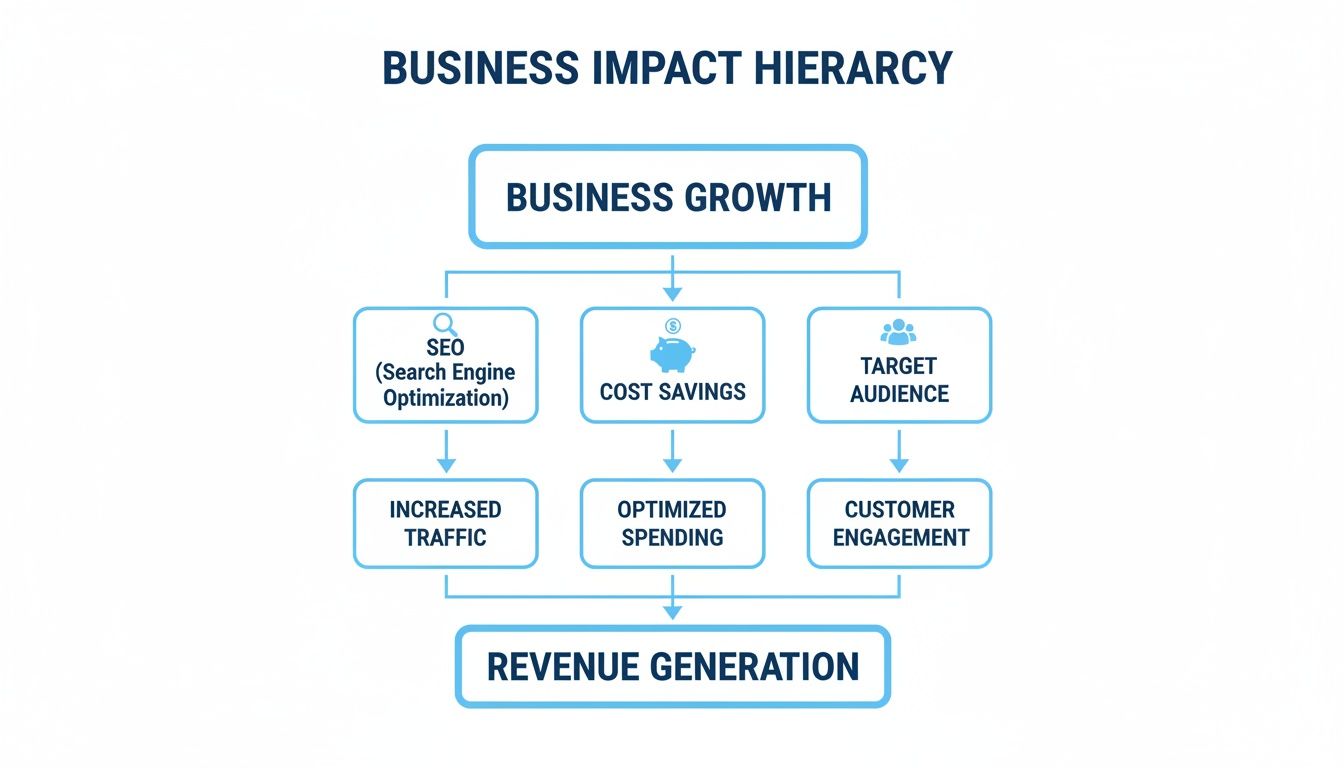 Flowchart illustrating business impact hierarchy: business growth leads to revenue generation through key strategies.