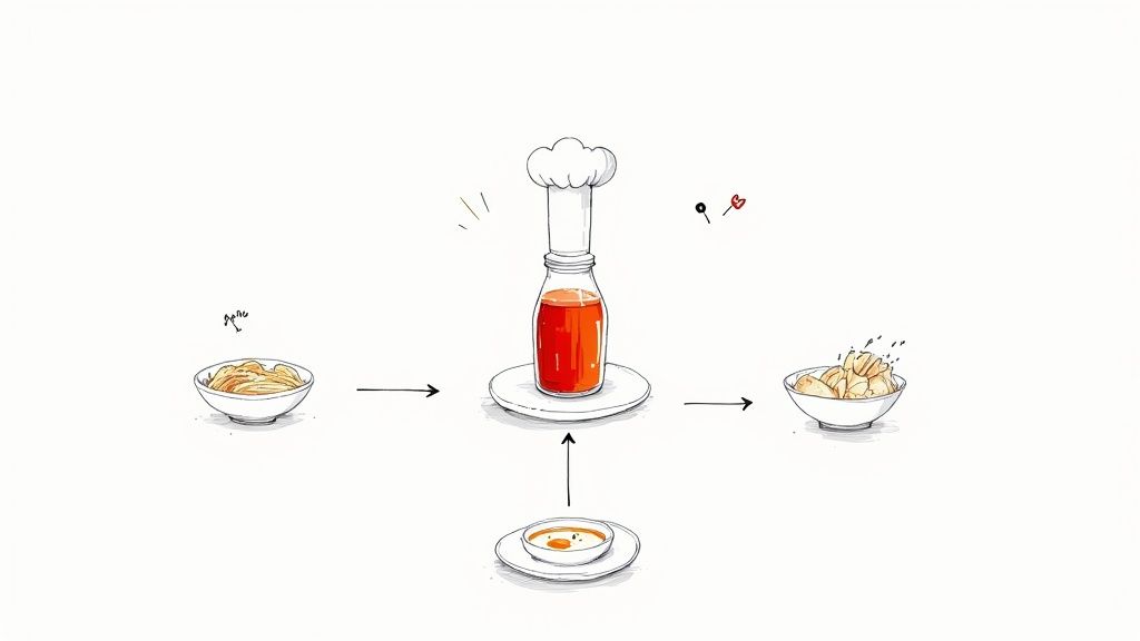A hand-drawn diagram illustrates a soup becoming a chef-hatted sauce bottle, used with noodles and fried food.