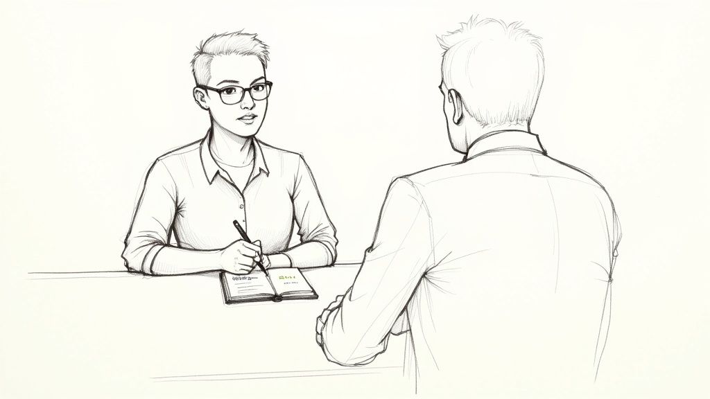 A black and white sketch of a woman taking notes during an interview with a man.