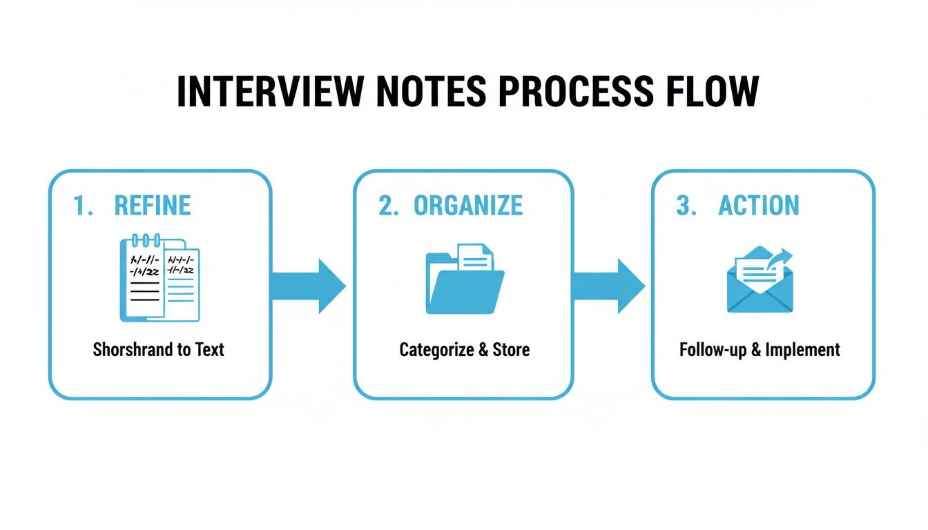 A three-step process flow for interview notes, covering refining, organizing, and taking action.