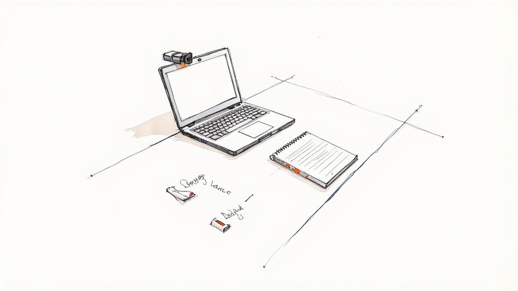 A sketch illustrating a laptop with a webcam, a spiral notebook, and small labeled items on a desk.