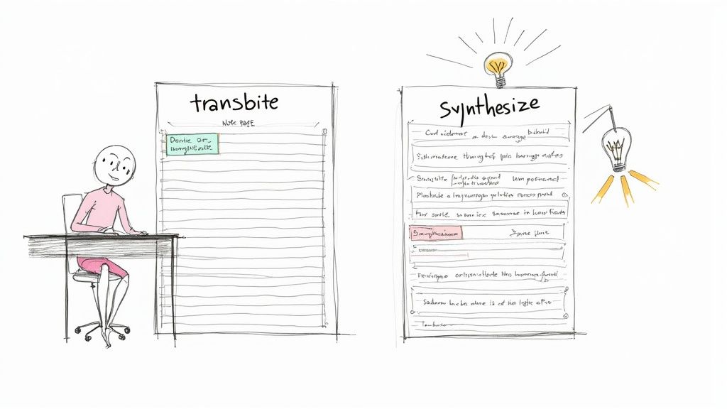A cartoon person at a desk next to two note pages titled 'transbite' and 'synthesize', with lightbulbs for ideas.