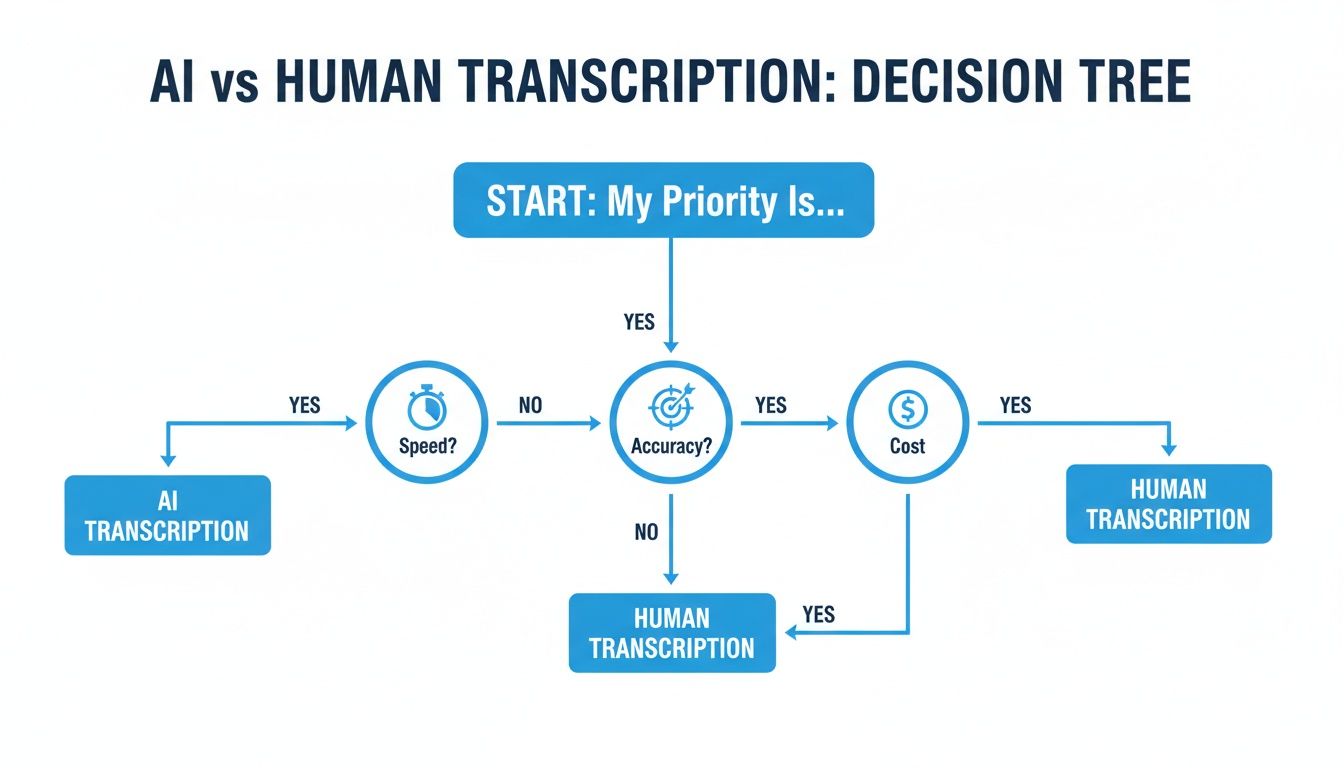 Decision tree flow chart comparing AI vs. Human Transcription based on speed, accuracy, and cost.