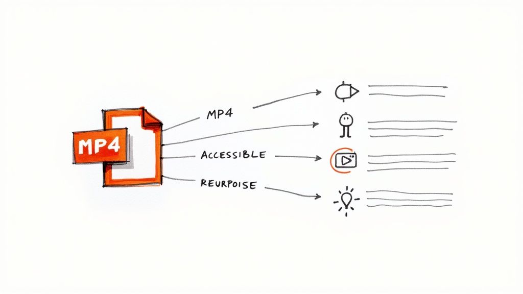 An MP4 file icon with arrows pointing to different output options including MP4, accessible content, and repurposing.