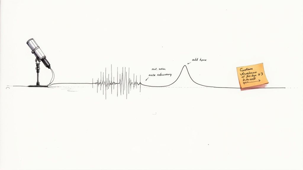 A microphone connected to a sound wave diagram, illustrating noise reduction, adding hope, and a final sticky note.