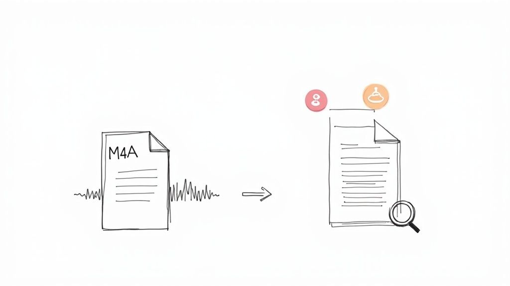 A diagram illustrates an M4A audio file transforming into a text document with analysis and speaker identification.