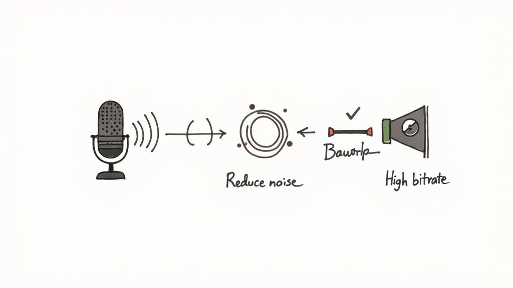 A diagram illustrates audio processing from a microphone through noise reduction to high bitrate.