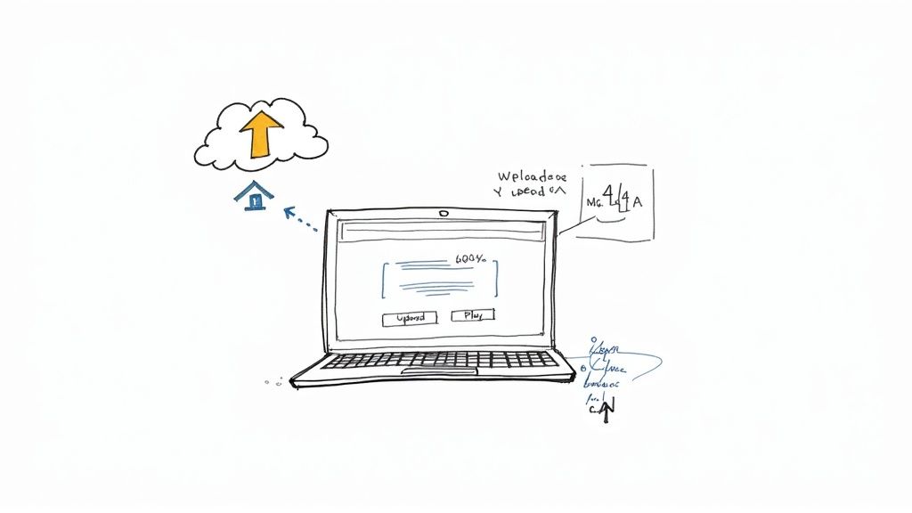 A hand-drawn sketch illustrating a laptop uploading data to a cloud server with a progress indicator.