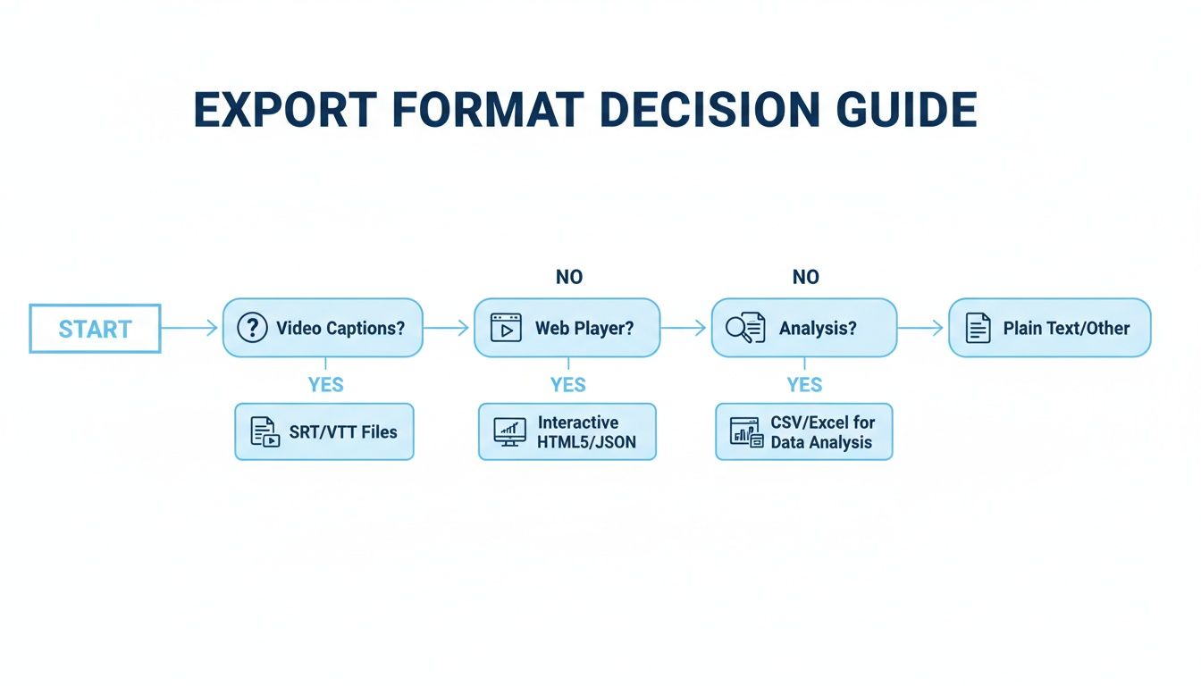 Flowchart outlining export format decisions based on needs like video captions, web player, or data analysis.