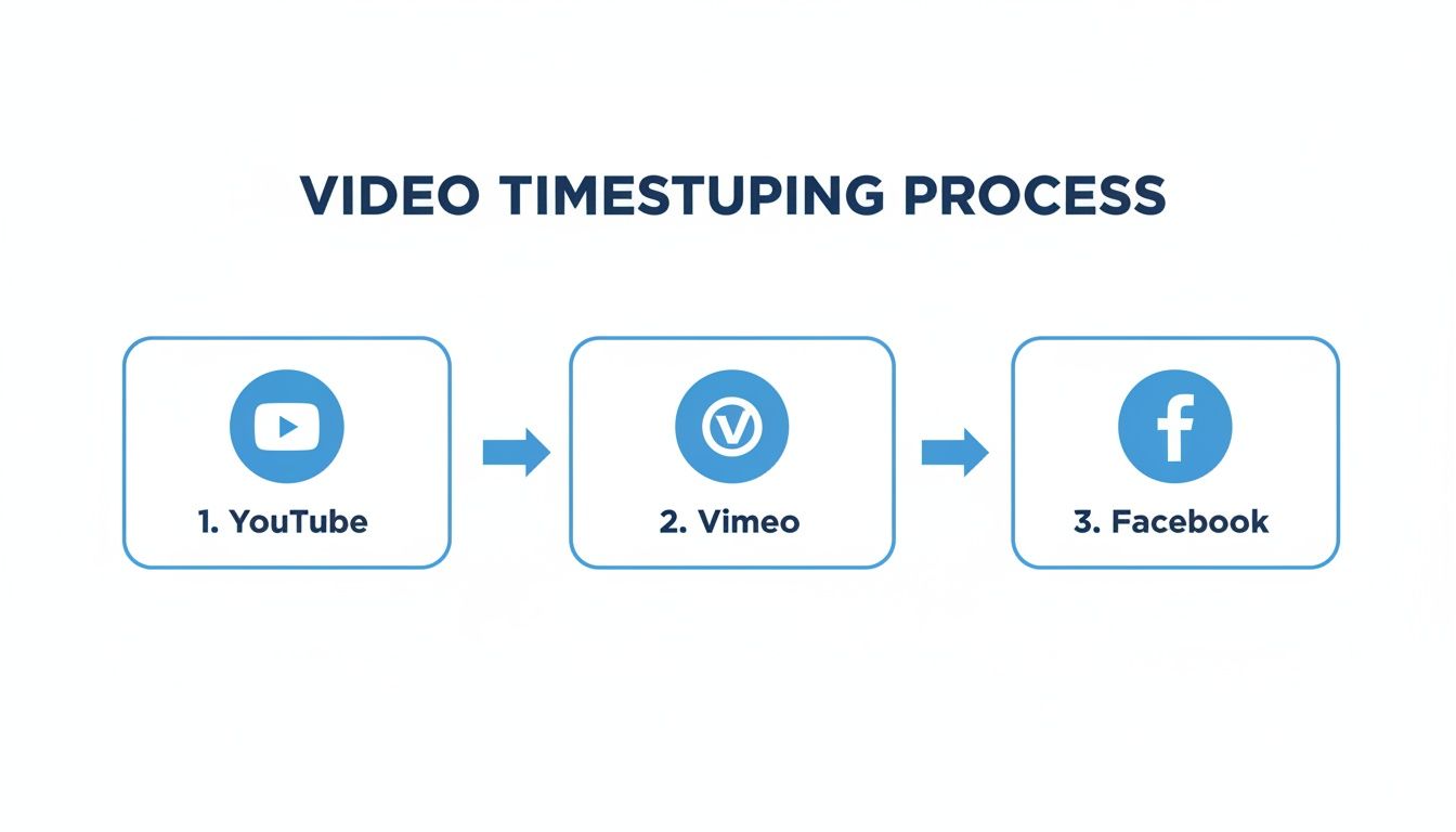 Блок-схема, иллюстрирующая рабочий процесс создания видеоконтента: от YouTube до Vimeo и затем до Facebook.
