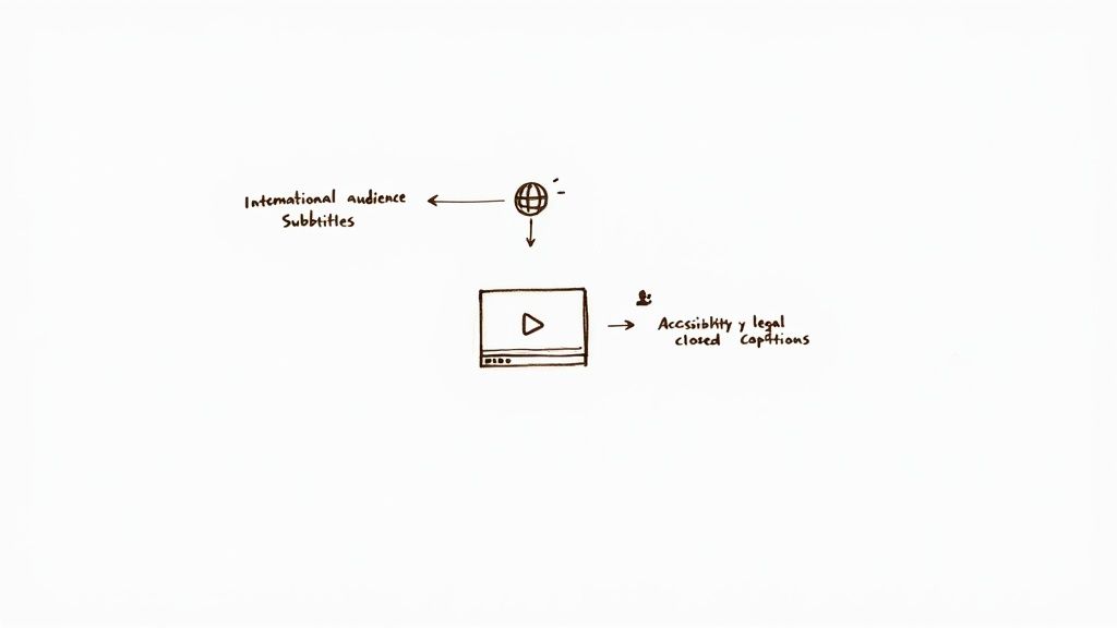 A diagram illustrating the difference between subtitles for international audiences and closed captions for accessibility.