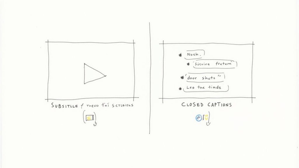 Sketch illustrating the difference between video subtitles and closed captions with text examples.