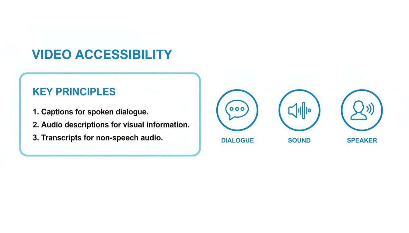 A graphic outlining key principles for video accessibility, including captions, audio descriptions, and transcripts.