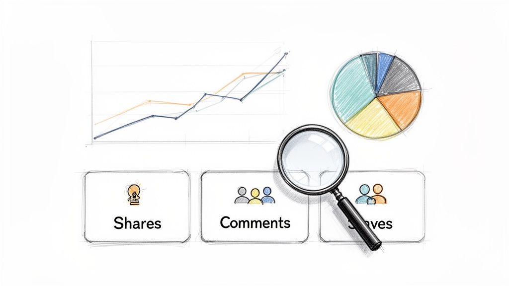 A hand-drawn illustration showing social media engagement metrics like shares, comments, and likes with graphs.