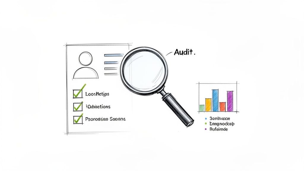 A hand-drawn sketch showing an audit process with a magnifying glass examining a checklist and a bar chart.