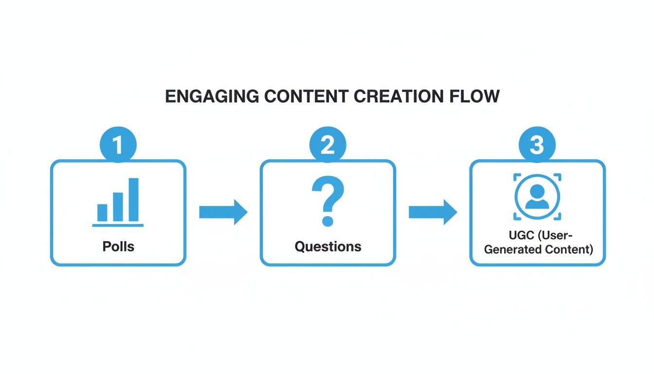 Flowchart illustrating an engaging content creation process: Polls lead to Questions, which lead to User-Generated Content (UGC).