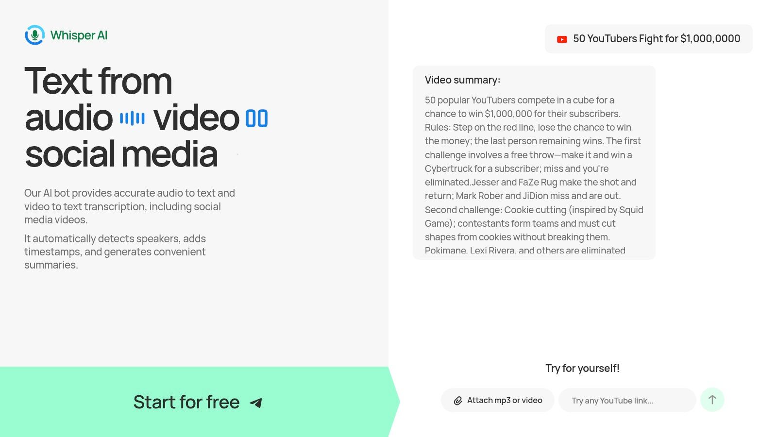 Whisper AI generating a video summary from a YouTube link