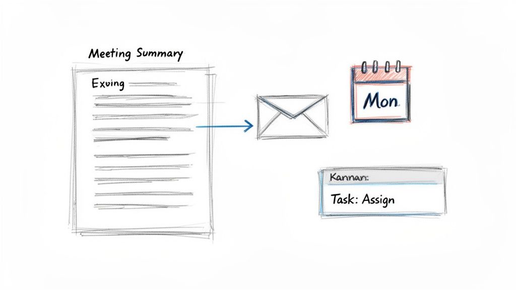 A hand-drawn diagram illustrating a meeting summary document, an email icon, a calendar showing 'Mon', and a task card for 'Kannan' to 'Assign'.