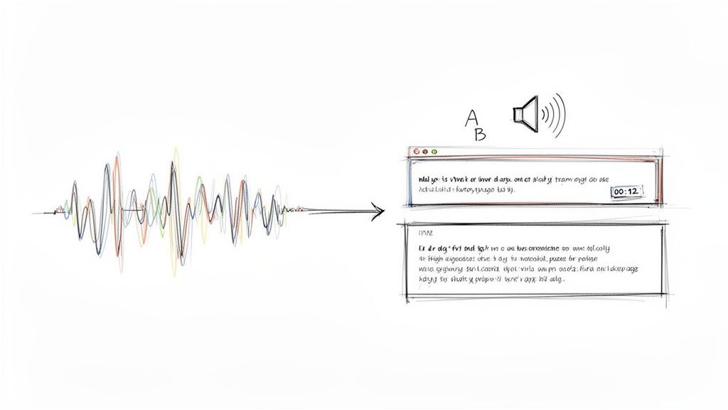 A colorful audio waveform converts into digital text transcription with a speaker icon and two text boxes.