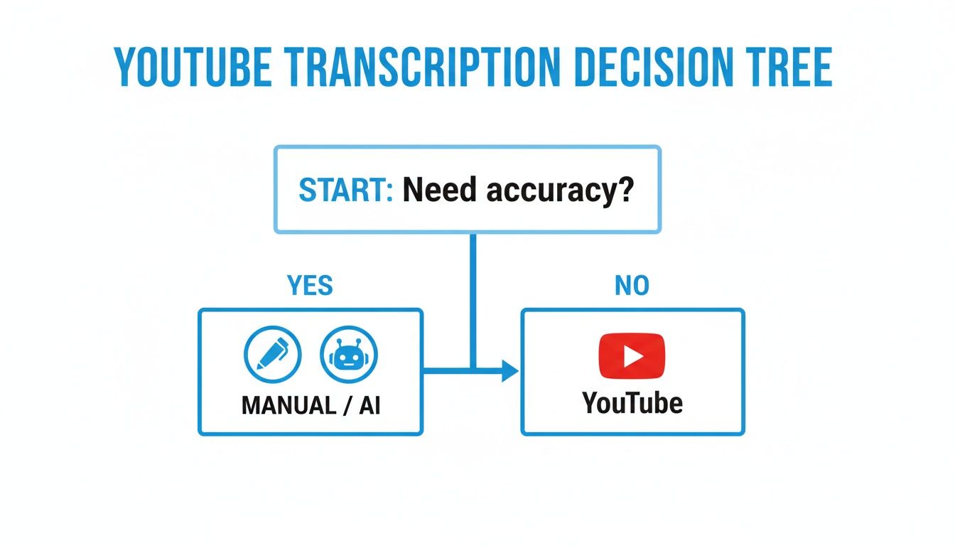 A YouTube transcription decision tree illustrating options: manual/AI for accuracy, or YouTube for less accuracy.