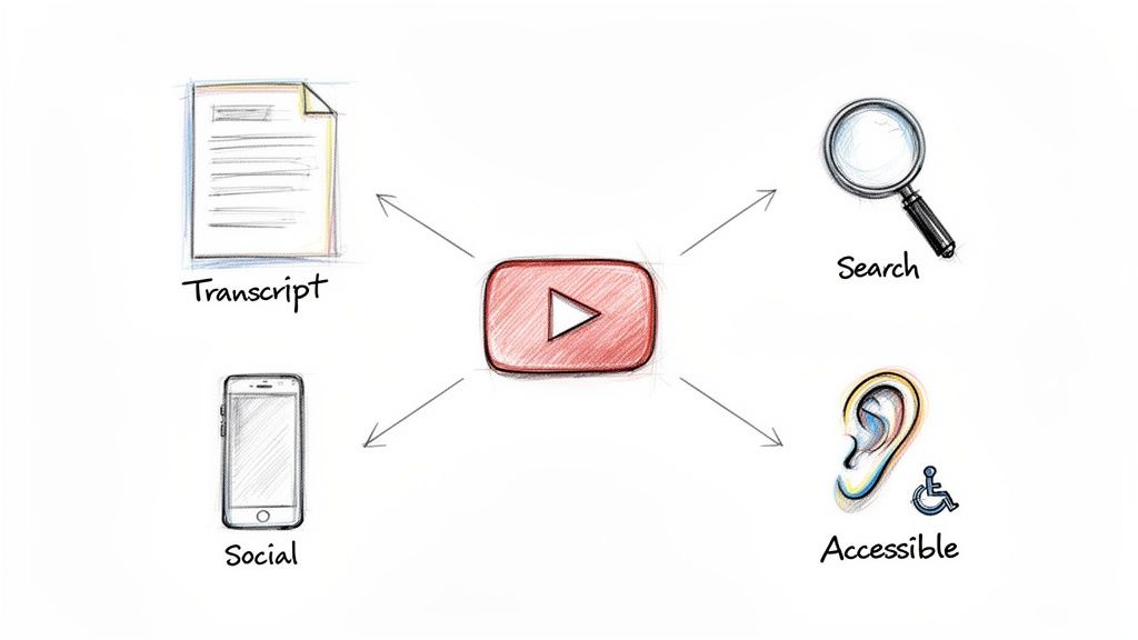Diagram illustrating how YouTube videos generate transcripts, boost search, enable social sharing, and enhance accessibility.