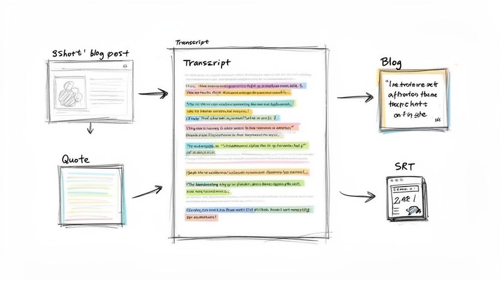 Diagram illustrating a content workflow, converting a blog post and quote into a transcript, then to a blog and SRT file.