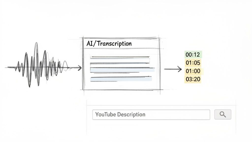 A visual guide showing an audio waveform being transcribed by AI to produce YouTube video timestamps.