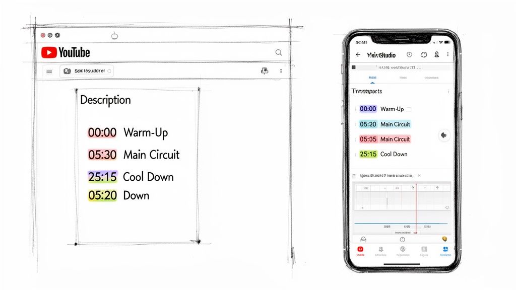 A sketch of a YouTube video description with timestamps contrasted with a mobile app displaying video segments.