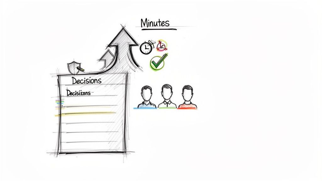A sketch illustrating meeting minutes, decisions, participants, time tracking, and actions.