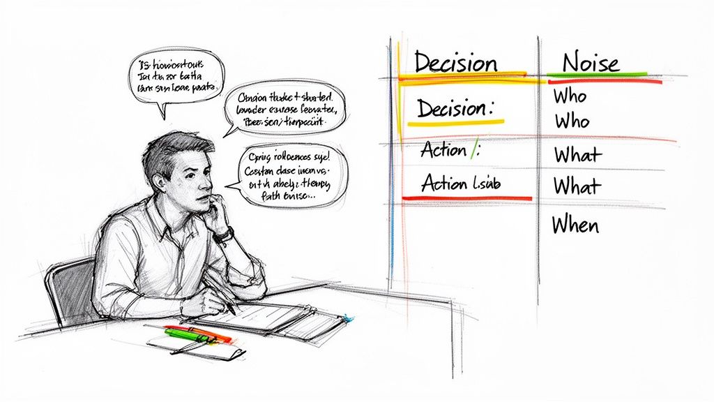 A sketch of a man at a desk thinking, with speech bubbles and a decision/noise matrix.