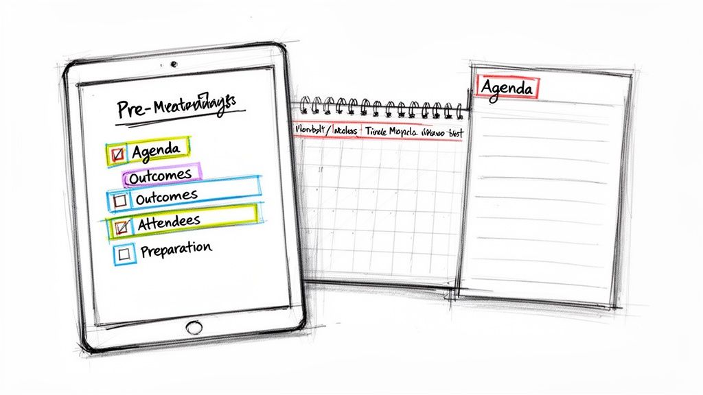A hand-drawn sketch depicting a tablet with a meeting preparation checklist, a calendar, and an agenda notebook.