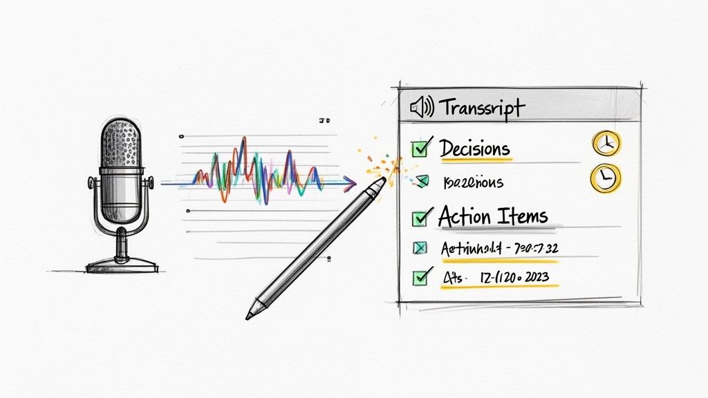 A sketch illustrating speech capture via microphone, transformed into a digital transcript with highlighted decisions and action items.