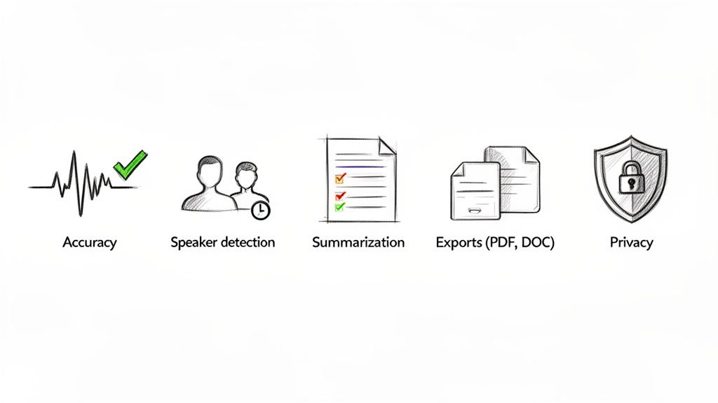 Sketch drawing depicting key features like accuracy, speaker detection, summarization, exports, and privacy.