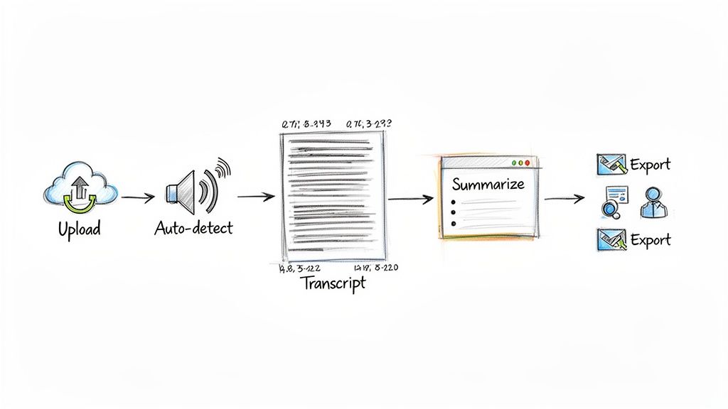 Workflow diagram showing a cloud upload, audio auto-detect, a transcript, summarization, and export options.