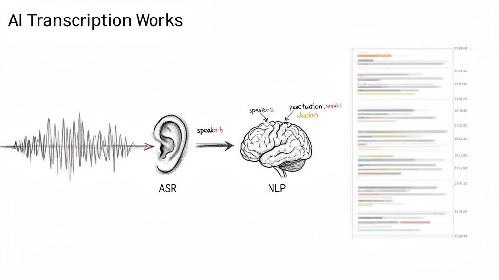 A diagram illustrating the AI transcription process, from sound waves to ASR, NLP, and a text transcript.