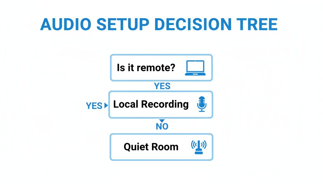 A decision tree diagram for audio setup, asking 'Is it remote?' and suggesting 'Local Recording' or 'Quiet Room'.