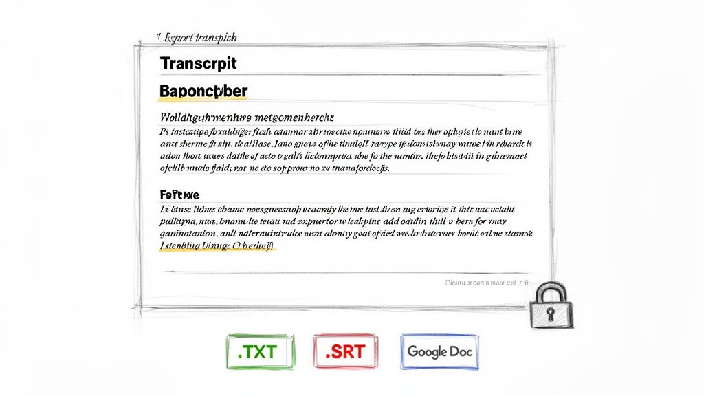 A digital document showing a transcript with export options for TXT, SRT, and Google Doc files.