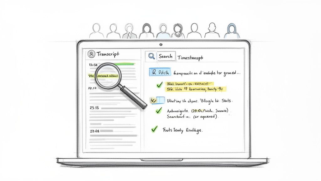 A laptop screen showing a meeting transcript with search results highlighted by a magnifying glass.