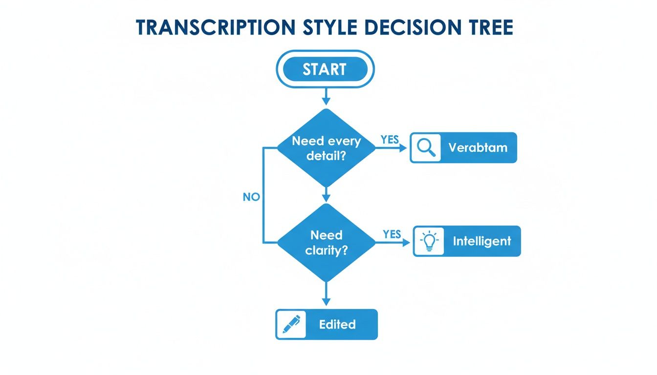 A transcription style decision tree flowchart showing options: Verbatim, Intelligent, and Edited based on needs.