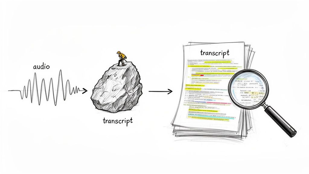 Illustration showing audio transformed into a written transcript, then carefully examined with a magnifying glass.