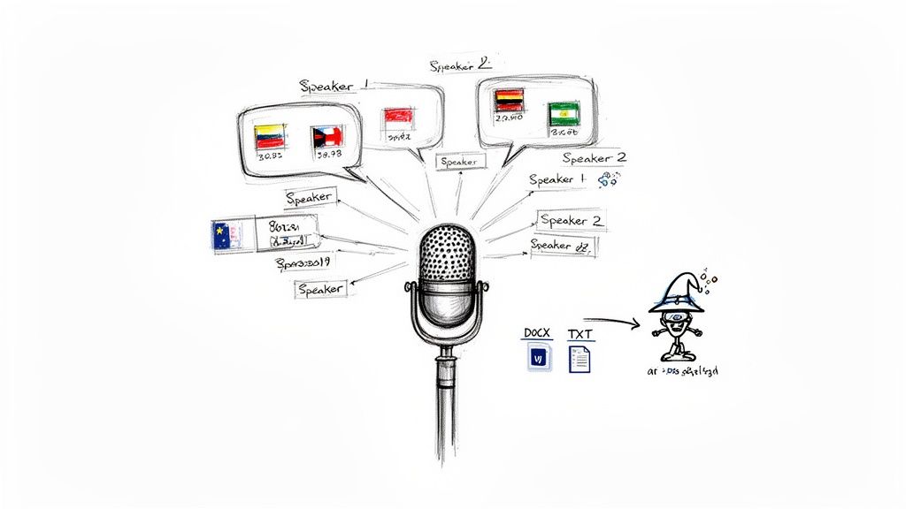 Microphone receiving diverse multi-speaker audio inputs, processed into DOCX and TXT documents, leading to a wizard.
