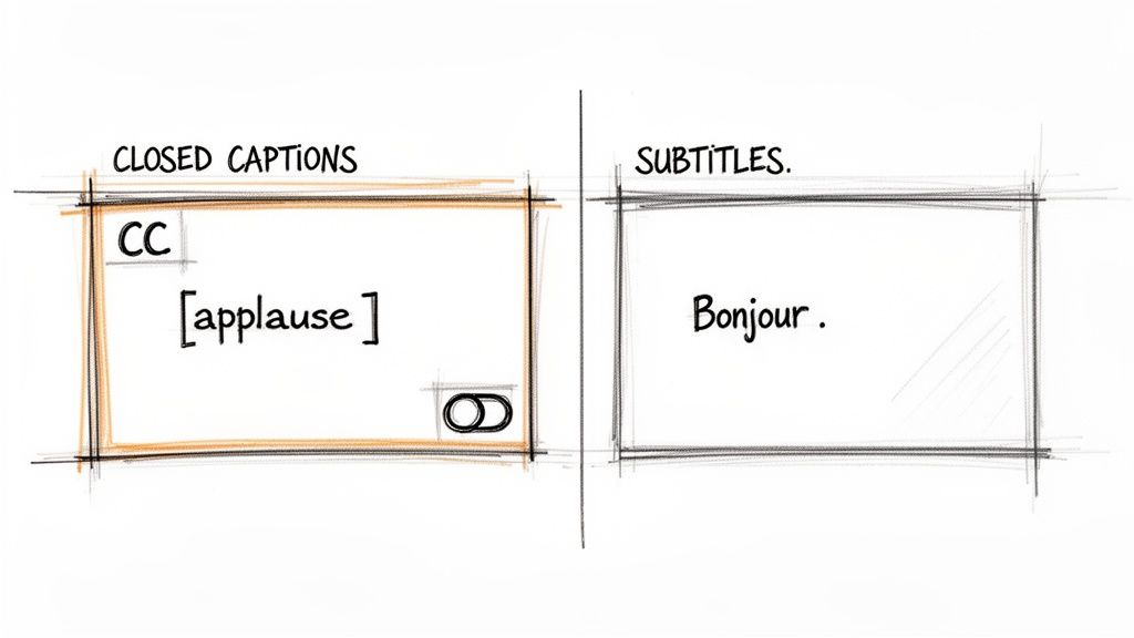 A diagram illustrating the difference between closed captions (with sound descriptions) and subtitles (dialogue translation).
