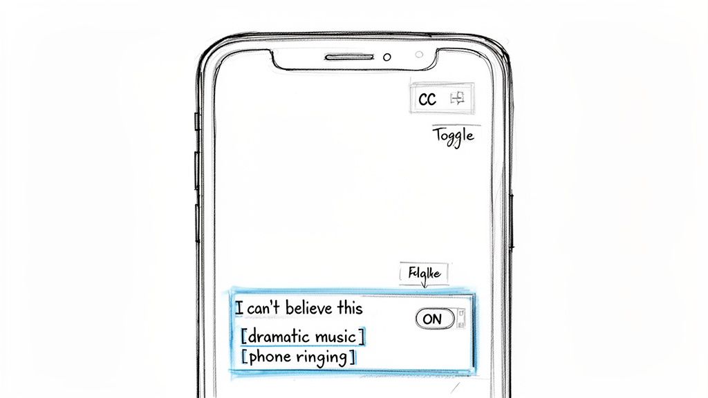 A smartphone screen shows real-time closed captions, including spoken text and sound effects like dramatic music.