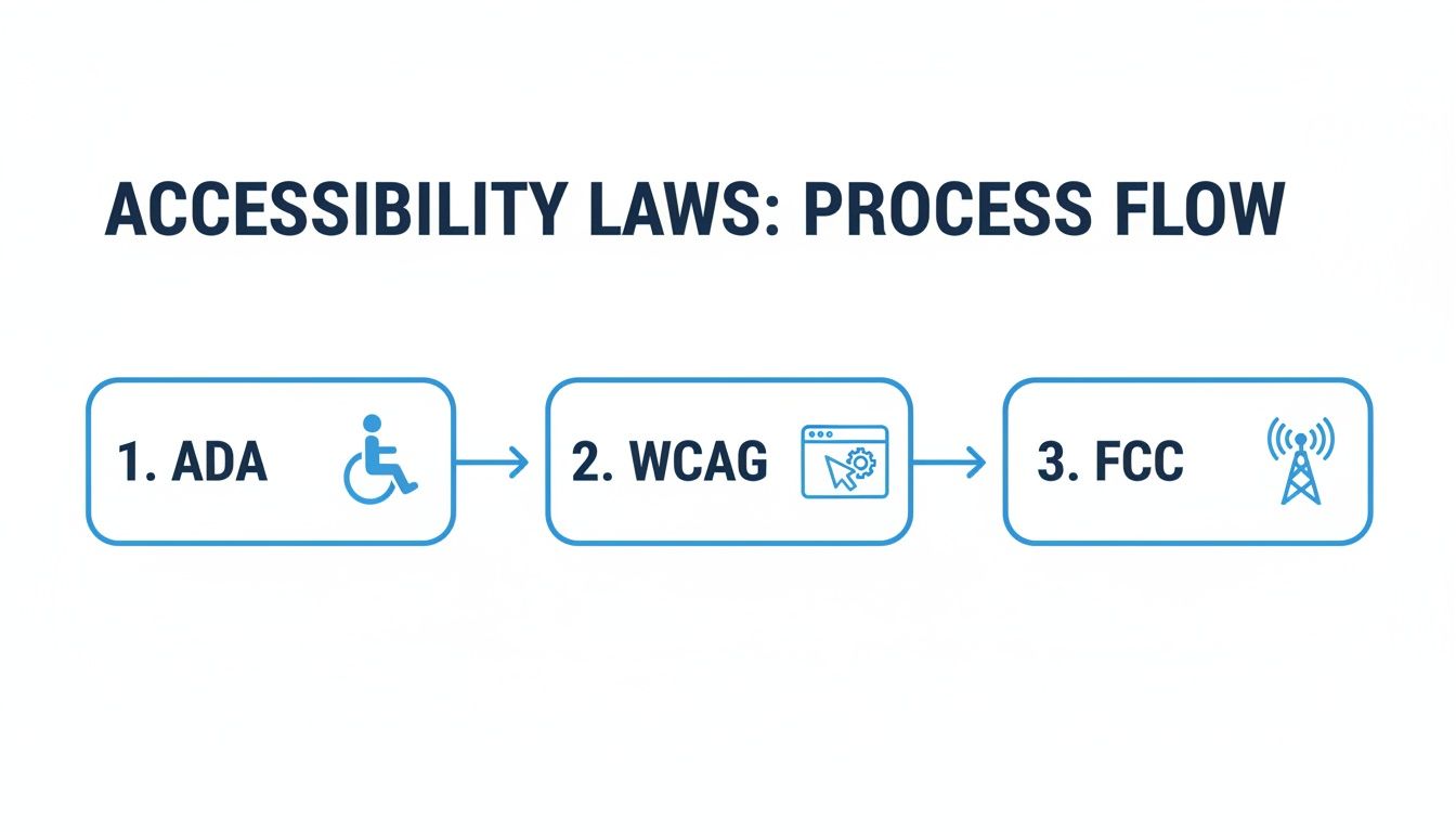 Process flow illustrating accessibility laws: ADA, WCAG, and FCC compliance.