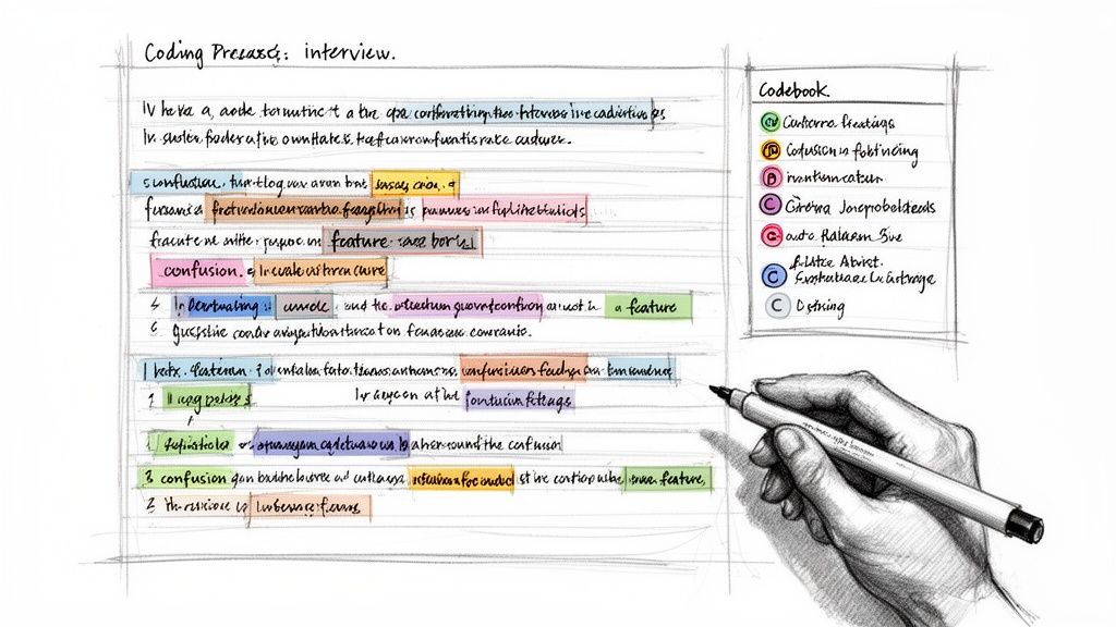 Sketch of a hand coding qualitative interview data in a notebook with a codebook.